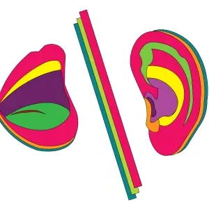 Vibrant line art of an ear and an open mouth, separated by a forward slash